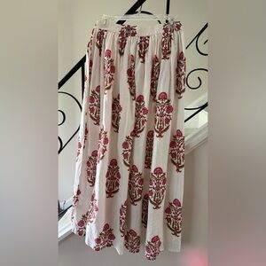White Lined Cotton Maxi Skirt with block print Pink Floral Motif